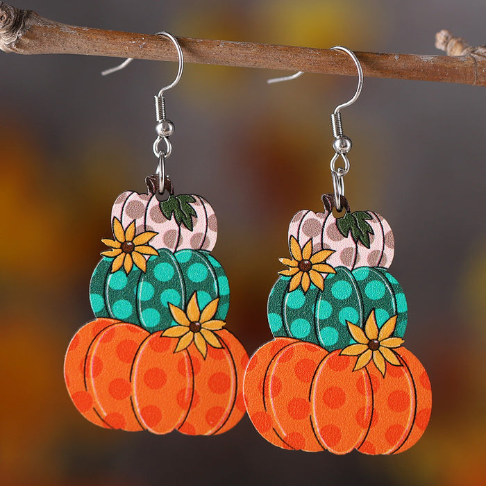 Wholesale Thanksgiving Autumn Harvest Polka Dot Plaid Pumpkin Flower Pendant Earrings Wooden Double-Sided Earrings