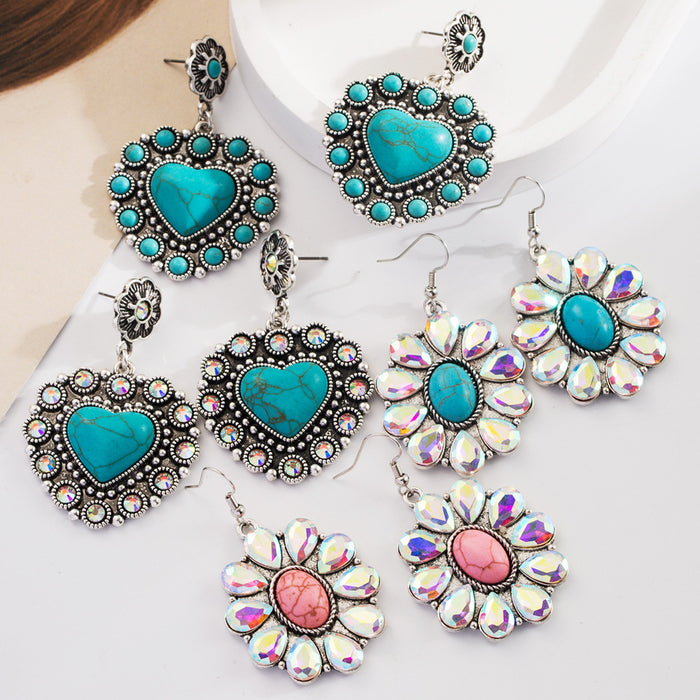 Wholesale Vintage alloy antique silver plated earrings with turquoise heart-shaped pendants