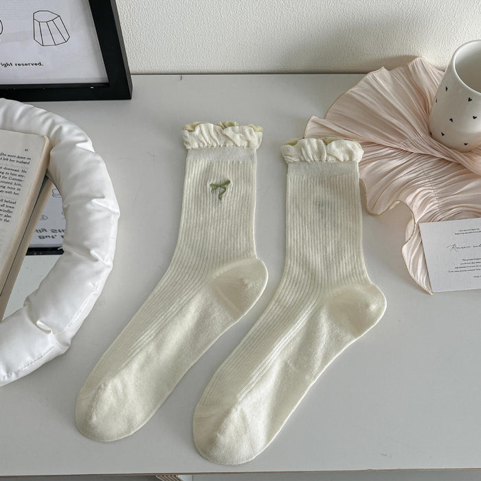 Wholesale Socks, thin, mid tube, antibacterial, hollowed out, butterfly knot embroidered, versatile socks