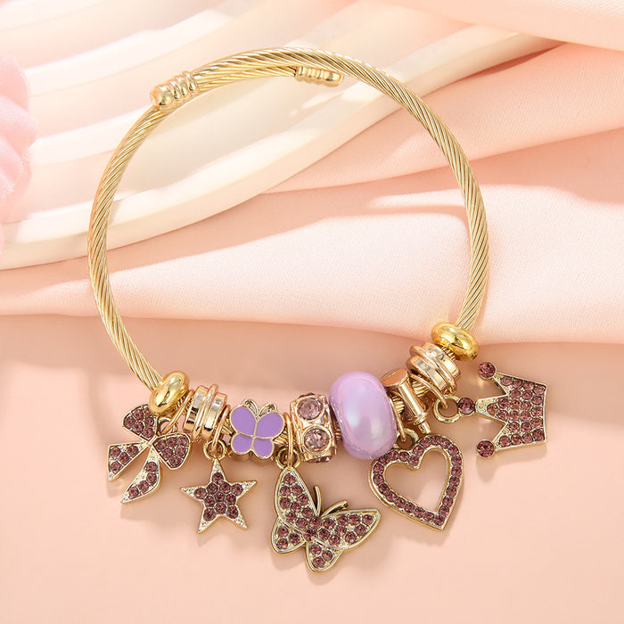 Wholesale Butterfly &  Love Rhinestone Pendant Beaded Bracelet Stainless Steel Fashion Accessory for Women Gift