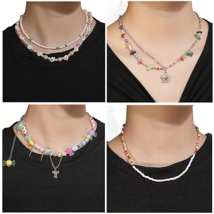 Wholesale Dopamine Colorful Stone Smiley Necklace Colorful Beaded Flower Sweet Cool Style Clavicle Chain Candy Love Pendant Female