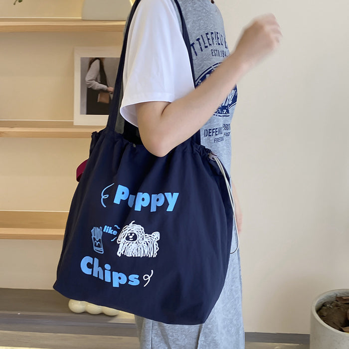 Wholesale New cute cartoon embroidered drawstring shoulder bag, fashionable and simple canvas bag, large capacity tote bag
