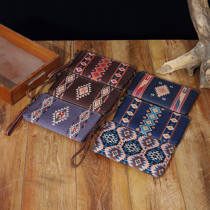 Wholesale European and American Retro Cotton and Linen Printed Western Women' s Wallet Clutch Mobile Phone Bag Bohemian Cross-Border Amazon Tk