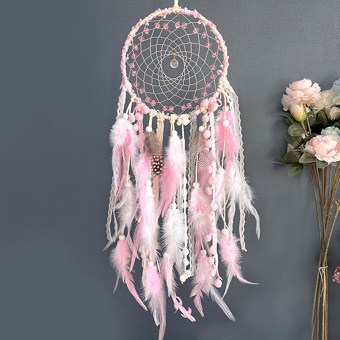 Wholesale Handmade Dream Catcher with Feathers and Glass Beads Pink Living Room Hanging Decor MOQ≥2