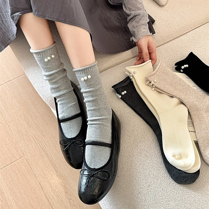 Wholesale Socks Double Needle Solid Color Curled Edge Stacked Socks Middle Tube Socks