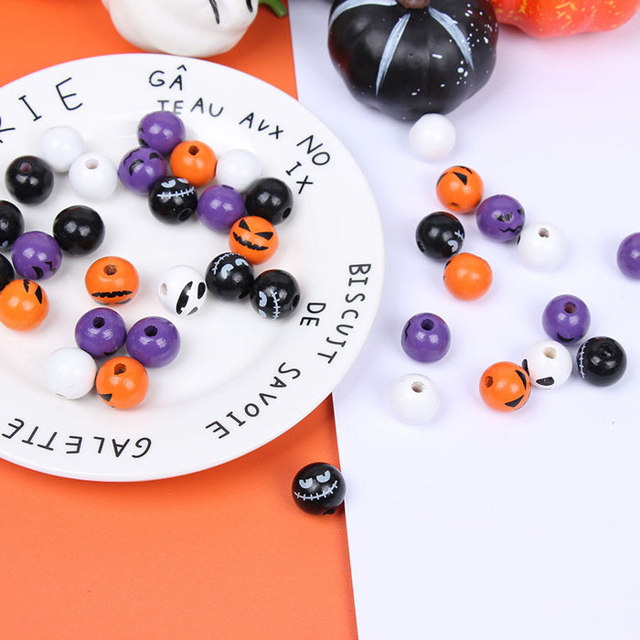 Wholesale 50pcs Halloween Single-sided Printing 16mm Colored Wooden Beads Pumpkin Ghost Face Wooden Beads JDC-BDS-TianYue001