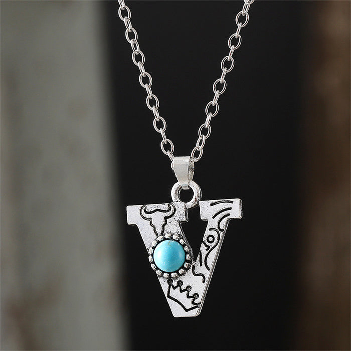Wholesale 2pcs Retro 26 English Letter Turquoise Necklace