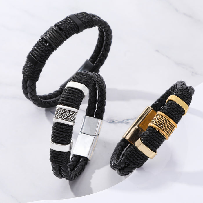 Wholesale Hand string double-layer retro alloy cowhide woven bracelet, fashionable men's leather magnetic buckle bracelet