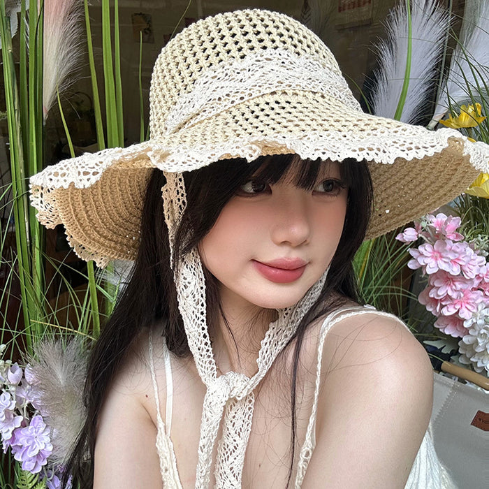 Wholesale Grass woven breathable lace lace tied fisherman hat versatile