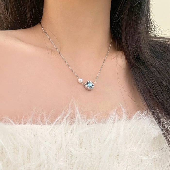Wholesale Sea Blue Treasure Pearl Necklace Light Luxury Niche Clavicle Chain Pearl Earrings Necklace Set