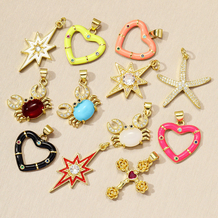 Wholesale Dripping Oil Love Sea Star DIY Copper Zircon Pendant Necklace Natural Stone Crab Earrings Jewelry Pendant