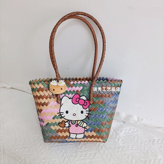 Wholesale Cute Cartoon Rags Woven Bag Imitation Straw Woven Bag Seaside Shoulder Handbag