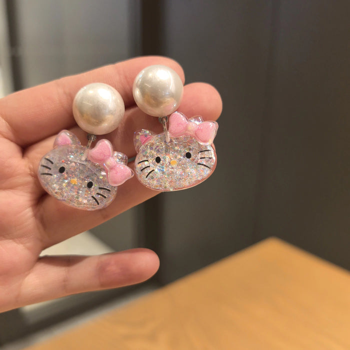 Wholesale Fashion Pearl Sequin Cat  Design 925 Silver Needle Earrings