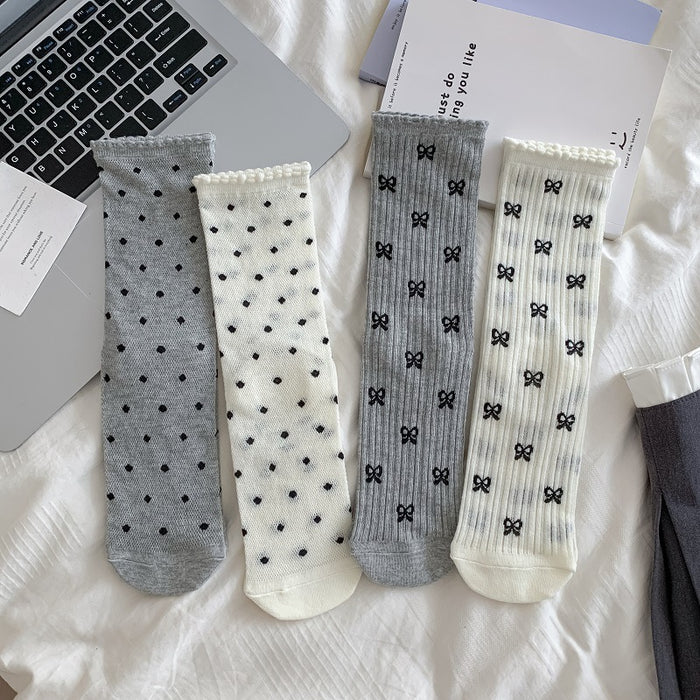 Wholesale Stacked socks, mid length socks, summer thin mesh hollow butterfly knot polka dot socks