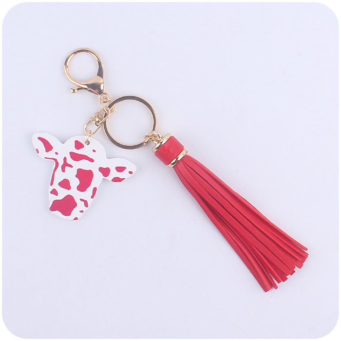 Wholesale Cartoon Western Bull Head Wooden Pendant Creative Colorful Long Tassel Key Ring Pendant