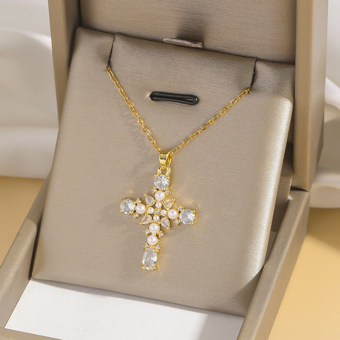 Wholesale Fashion colored zircon cross necklace, niche design accessory, collarbone chain