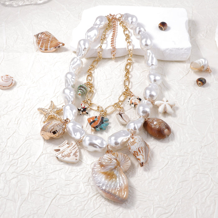 Wholesale Imitation pearl ceramic alloy conch shell double-layer stacked women's necklace
