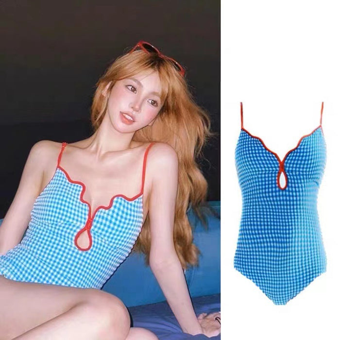 Wholesale Cute girl sweet checkered sexy backless simple one-piece swimsuit