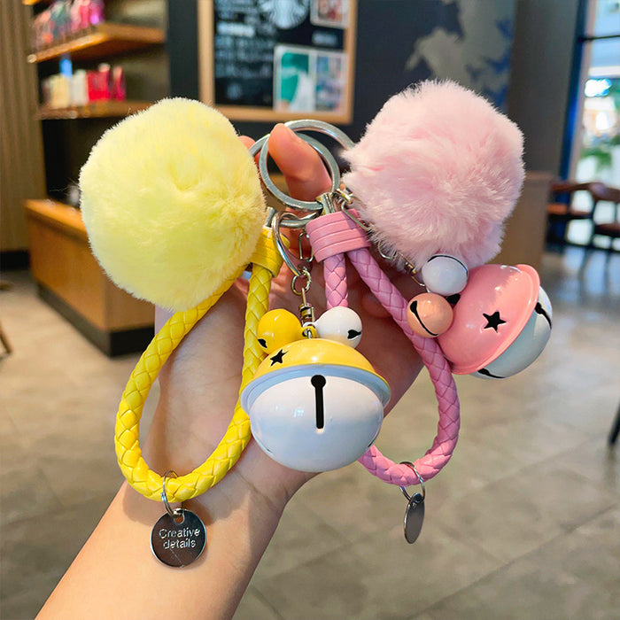 Wholesale Fur Ball Two-color Bell Leather Rope Keychain JDC-KC-YuanD003