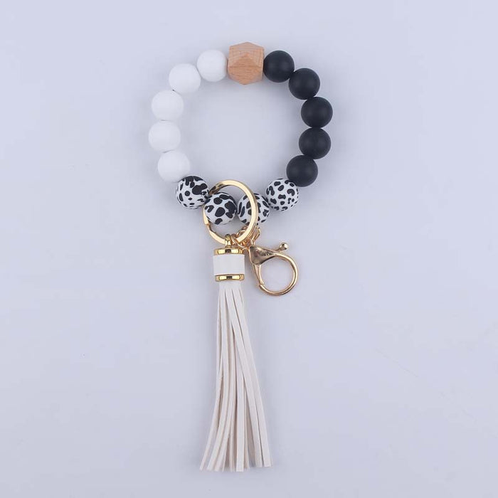 Wholesale Silicone leopard beads wrist keychain pendant leather PU tassel beaded bracelet accessories