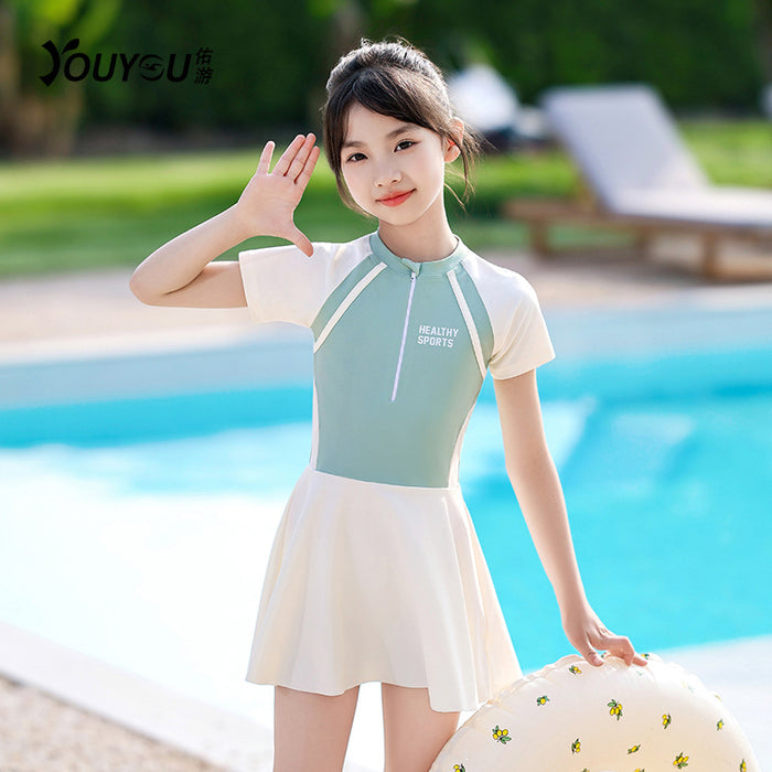 Wholesale Children's swimsuit, girls' new one-piece short sleeved swimsuit, women's medium and large children's swimsuit