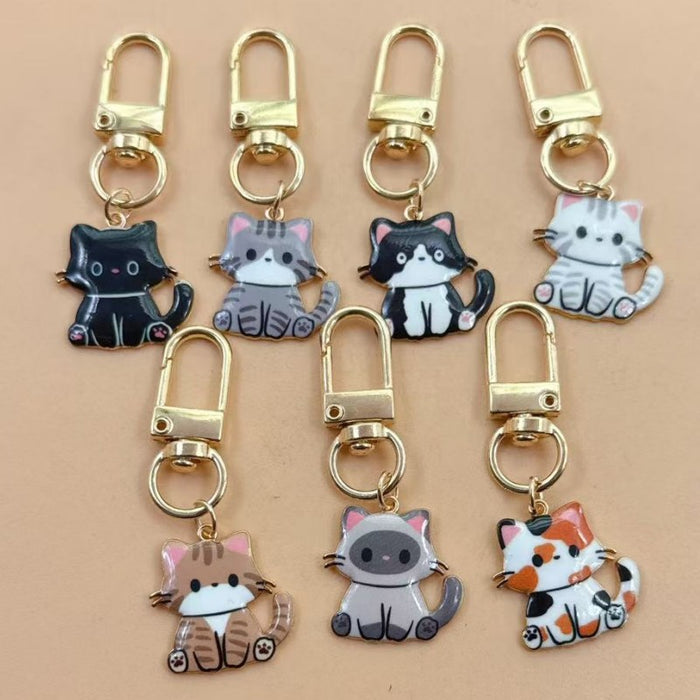 Wholesale 10pcs Cartoon Alloy Printed Pendant Cute Kitten Keychain Animal Series Metal Key Ring Bag Charm Accessory