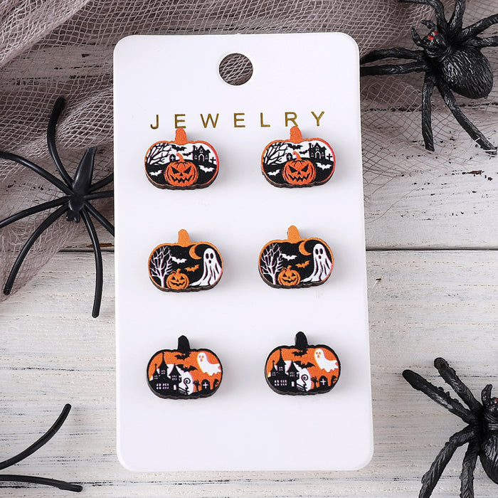 Wholesale  Ghost Witch Hat Black Cat Ghost Face Pumpkin Earrings Set Wooden Party Earrings Gift