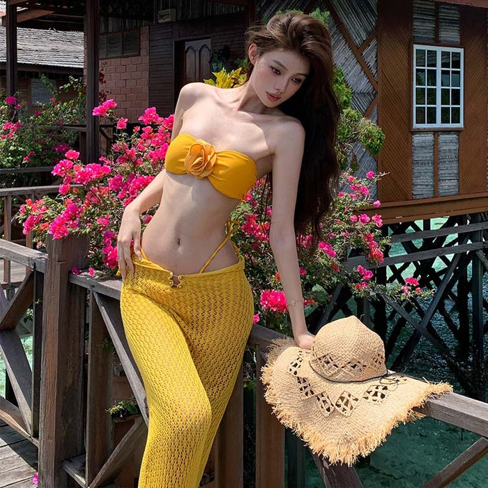 Wholesale Camellia flower island vacation sexy strapless split bikini set