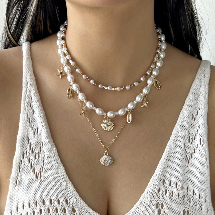Wholesale Zinc Alloy Beaded Shell Pearl Necklace Ocean Style Layering Jewelry