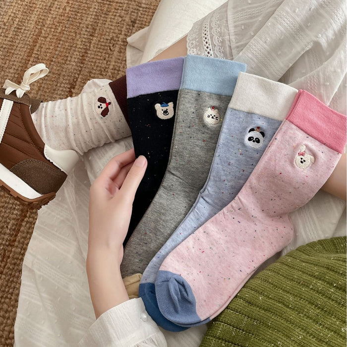 Wholesale Boneless dotted yarn cotton socks, color blocked embroidery, mid tube pile socks, cute