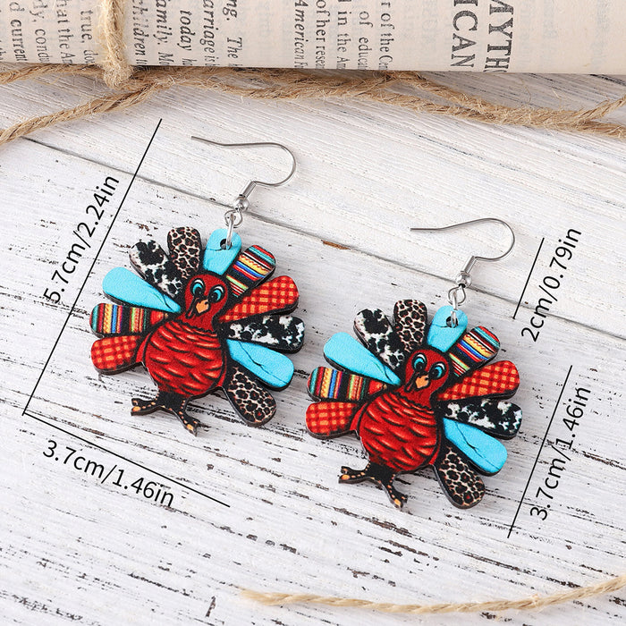 Wholesale Thanksgiving Leopard Print Turkey Pendant Earrings Wooden Double-Sided Autumn Harvest Thanksgiving Party Earrings