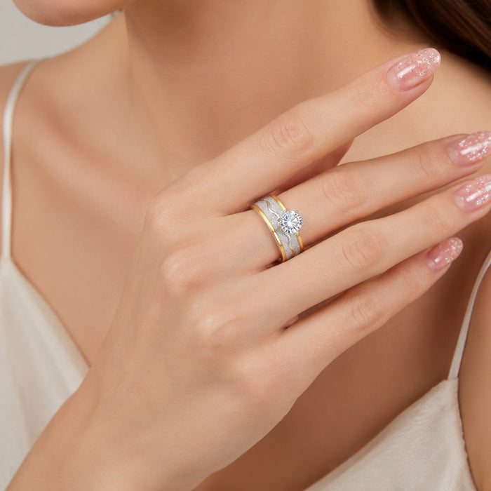 Wholesale Stainless Steel Two Tone Diamond Ring Set Matte Finish