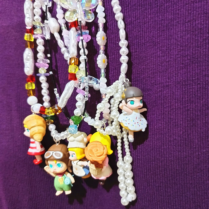 Wholesale Crystal Beaded Cute Bubble Mart Cute Ballet Croissant Doll Short Necklace Necklace for Women