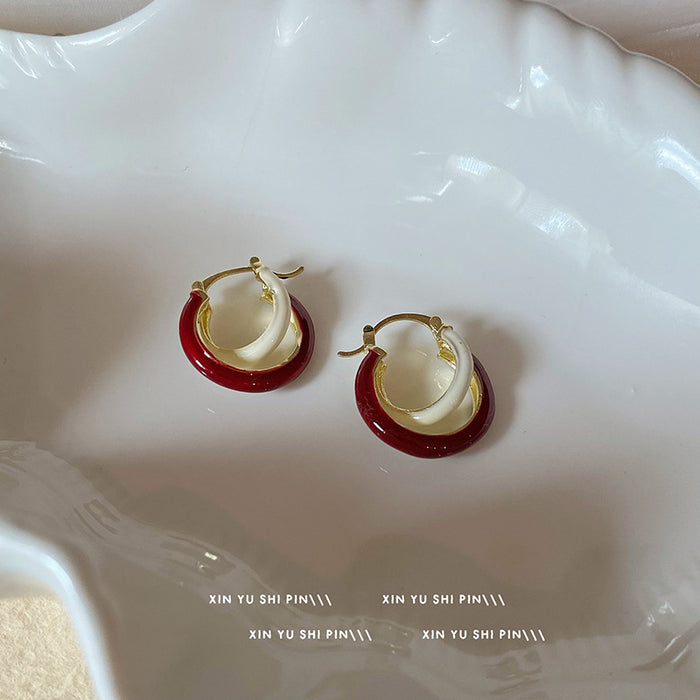 Wholesale Vintage wine red contrasting earrings, niche design, high-end temperament, fashionable personality, versatile earrings