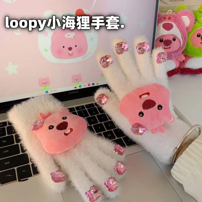 Wholesale Cute Cat Diamond Gloves Girls Winter Warm  Rhinestone Cycling Plush Wear Gloves