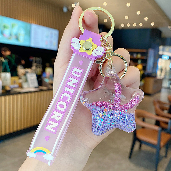Wholesale Starfish Oil Flow Bottle Keychain Acrylic Pink Gift Bag Charm
