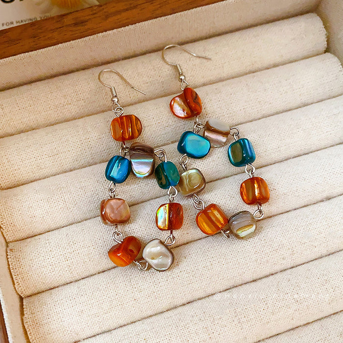 Wholesale Retro irregular shell square bead tassel earrings with light luxury, high-end feel, ear hooks, fashionable and versatile earrings