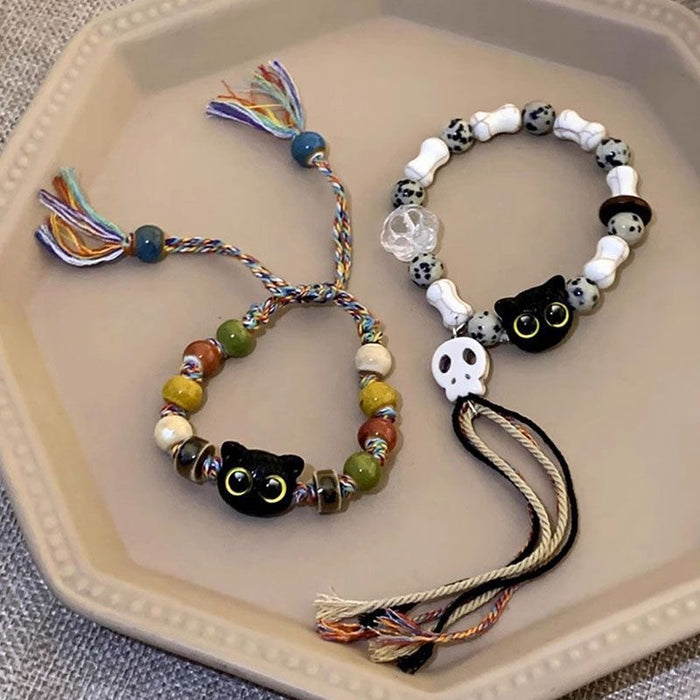 Wholesale Skull Cat Ceramic Woven Rope Bracelet Female Tassel Color Bracelet