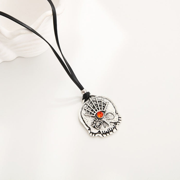 Wholesale Personalized skull pendant necklace adjustable long black leather rope sweater chain