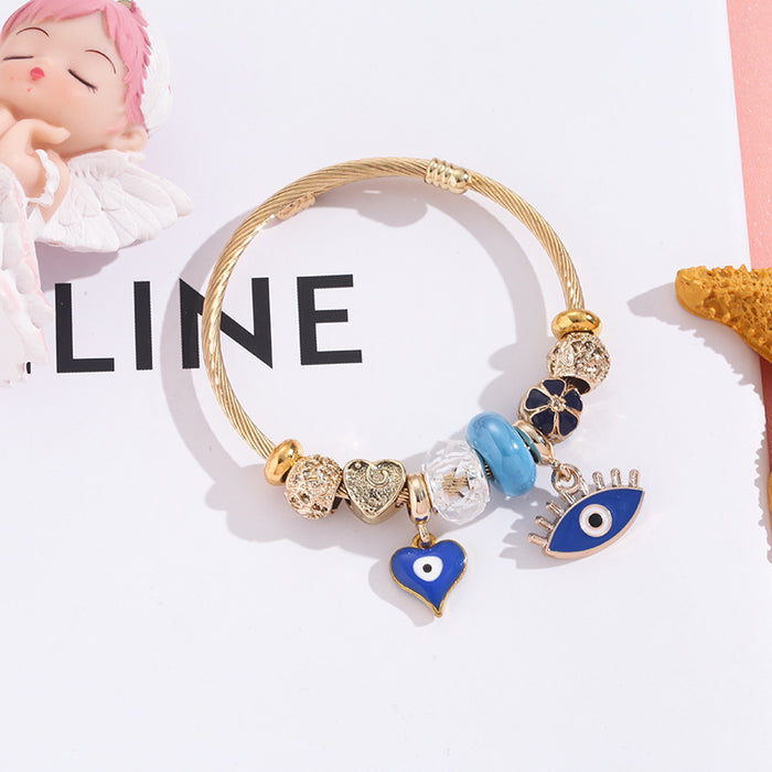 Wholesale Stainless Steel Evil Eye Beaded Bracelet with Heart Pendant,  Fashion Jewelry Accessory for Women