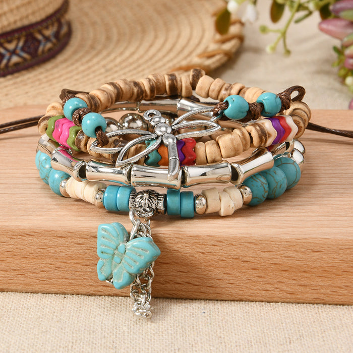 Wholesale 4-piece set of multi-layered Bohemian style simple dragonfly turquoise butterfly tassel beaded bracelets