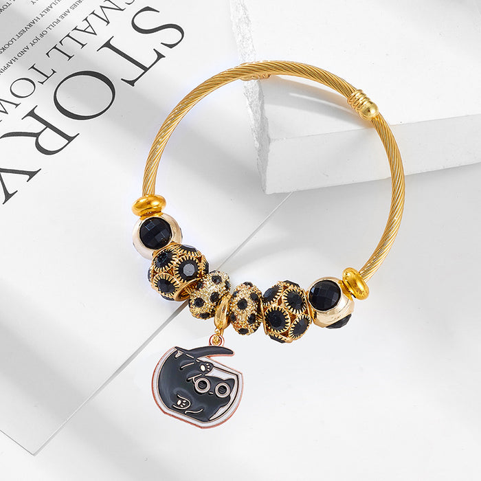 Wholesale Cute Black Cat Design Stainless Steel Bead Bracelet Stylish Jewelry Accessory for Women