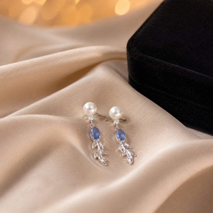 Wholesale Vintage Blue Diamond Pearl Long Earrings Silver Tassel Leaf Design Fairy Party Jewelry Accessory