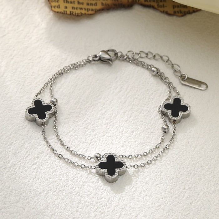 Wholesale [Full Titanium Steel] Non-Fading Four-Leaf Clover Bracelet, Fashionable Double-Layer Chain
