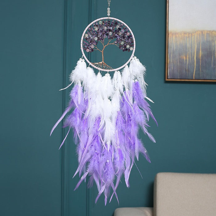 Wholesale Feather Dreamcatcher Wall Hanging with Tree of Life Design and Natural Stone Accents