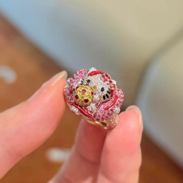 Wholesale Super shiny full diamond pink kitten ring niche design sweet colorful ring