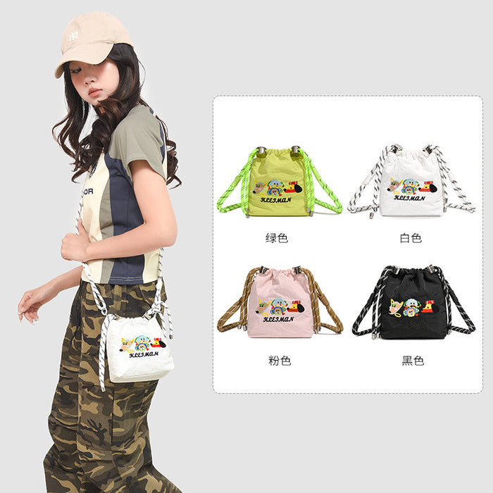 Wholesale Embroidered cartoon niche bucket bag, new versatile nylon cloth shoulder crossbody bag, mobile phone bag