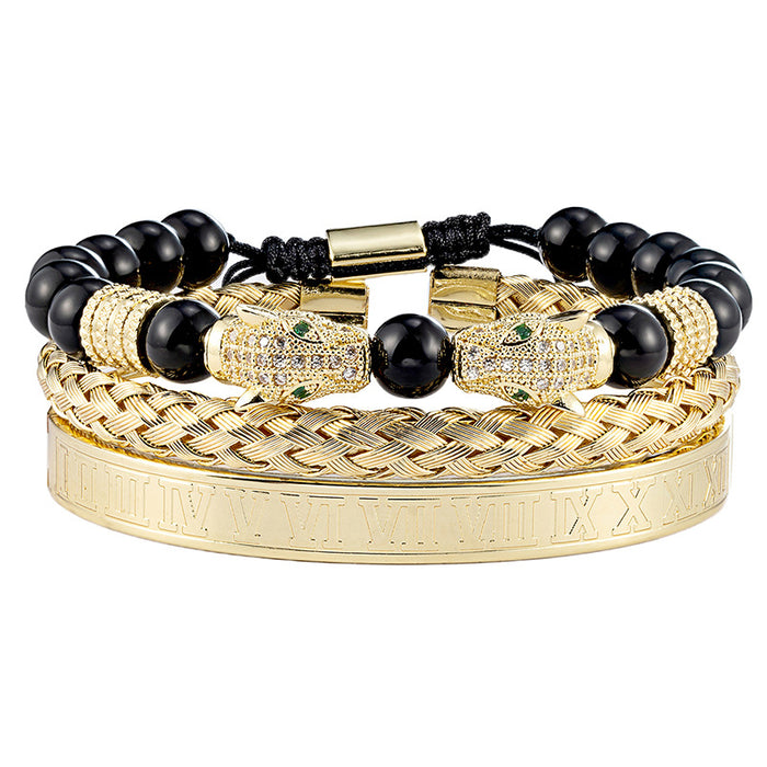 Wholesale Leopard Head Braided Bracelet Stainless Steel Roman Number Bracelet Vintage Style Three Piece Set