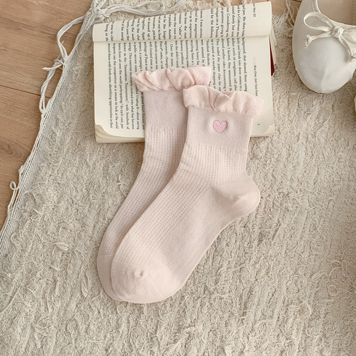 Wholesale Socks with heart-shaped embroidery, thin cotton bubble edge, short tube socks, boneless and breathable