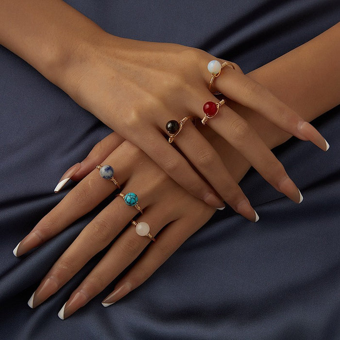 Wholesale Ethnic Style Retro Turquoise Carved Feather Ring Fashionable and Personalized 8-Piece Combination Ring Set